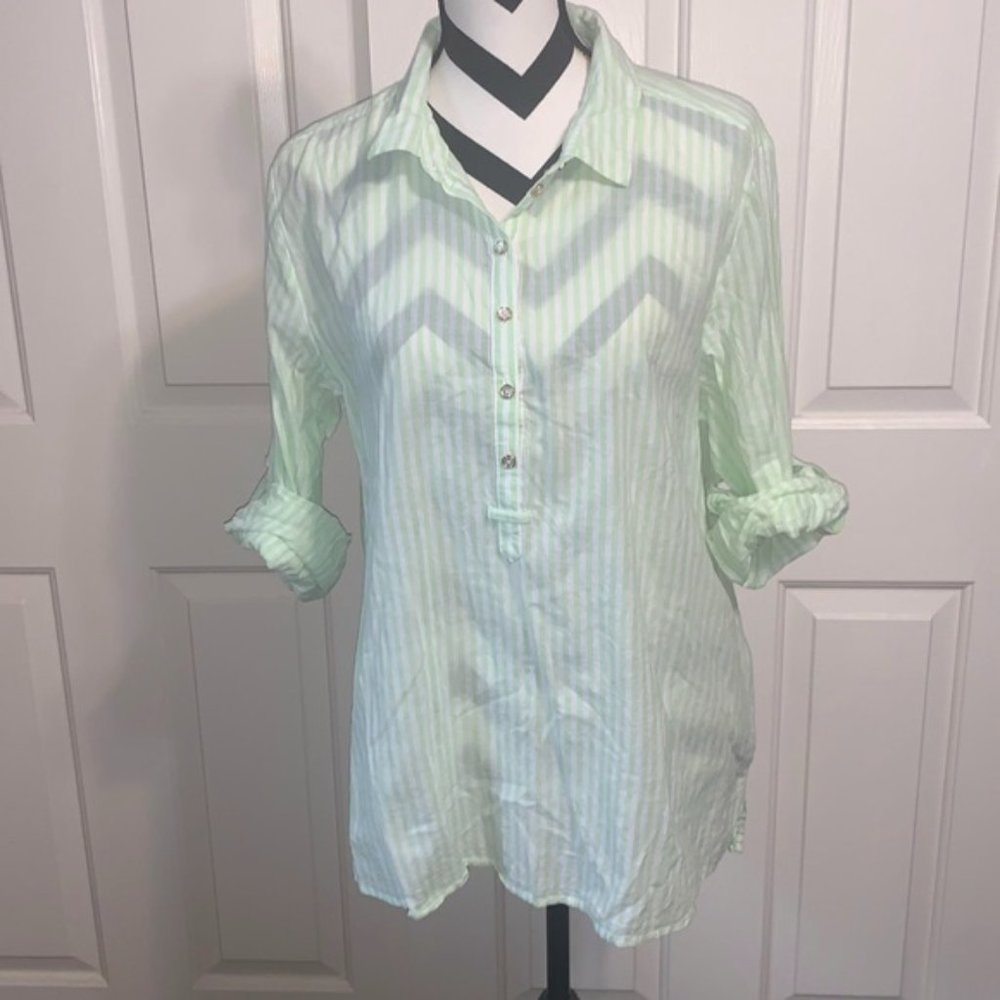 TOMMY HILFIGER Green & White Striped Half Button Top